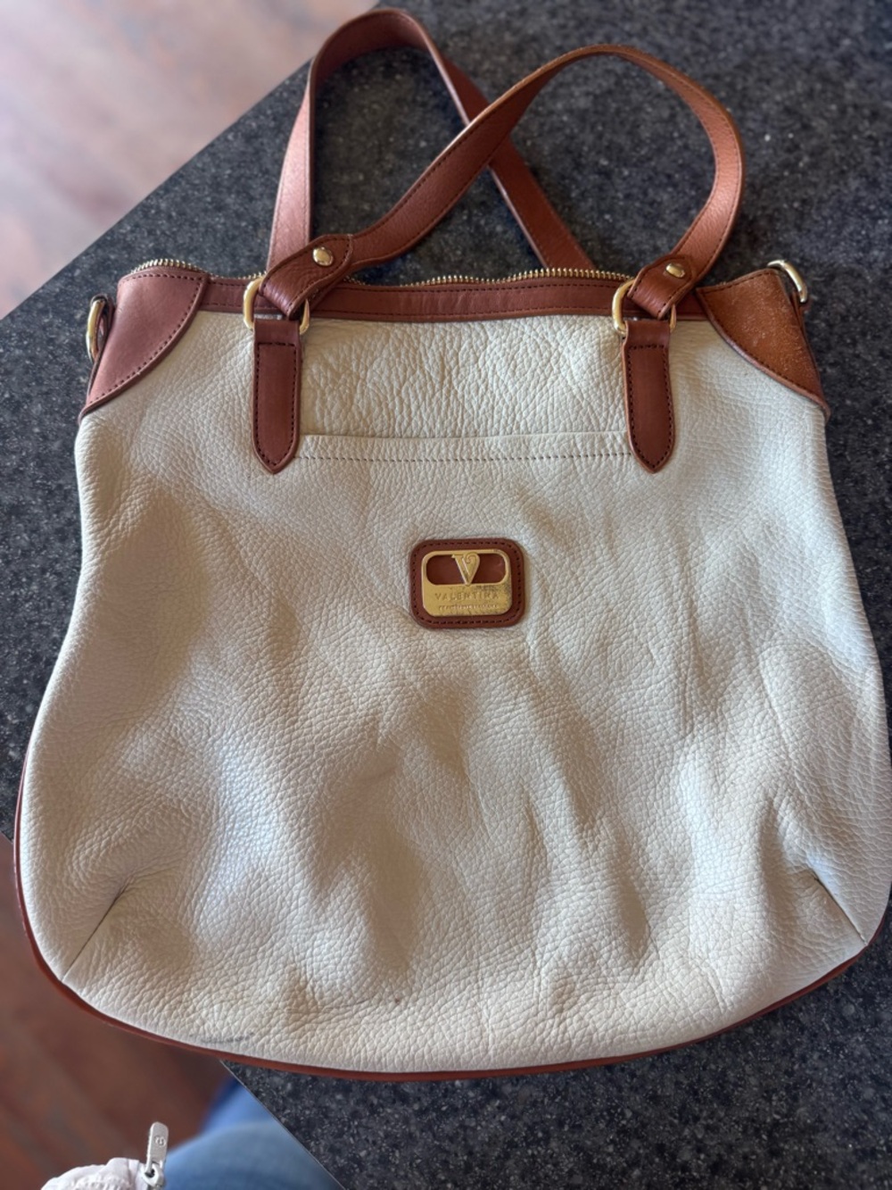 Valentina Cream and Brown Leather Shoulder Bag